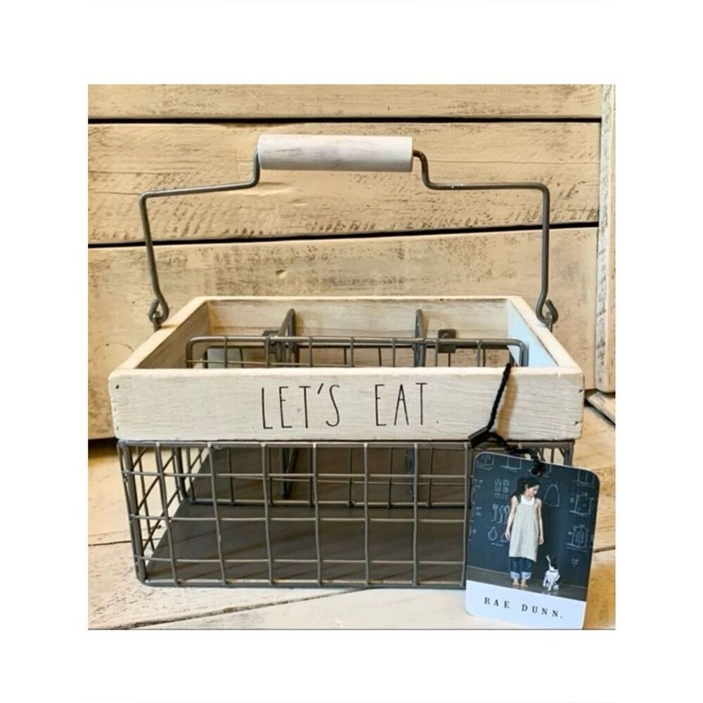 NWT Rae Dunn Let’s eat Caddy Utensils Organizer wire Wood Handle Big Lettering